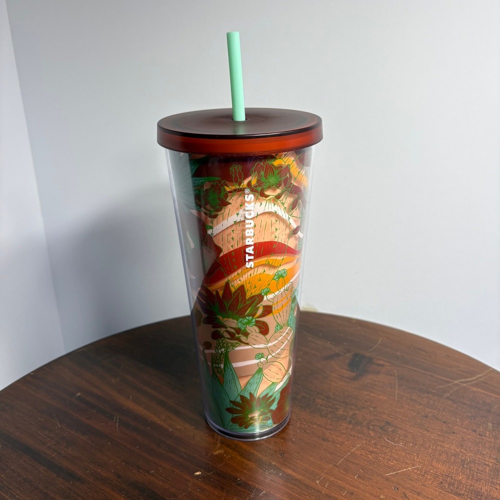 Starbucks Tumbler 24oz Orange Cactus Desert Floral Venti Cold Cup Straw